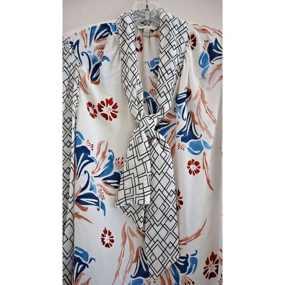 Joie Women's Sz Small White Kanela Mixed Print Tie Neck Silk Blouse Top $298 - Picture 3 of 8